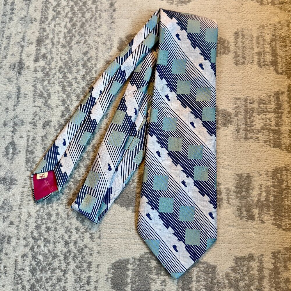 Vintage Schiaparelli Blue and Light Turquoise Square Pattern Tie